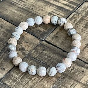 8mm White Maifanite & Wood Bead Stretch Bracelet